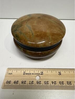 Vintage Stone Trinket Box Hinged Marble Look Green Brown Round 4"